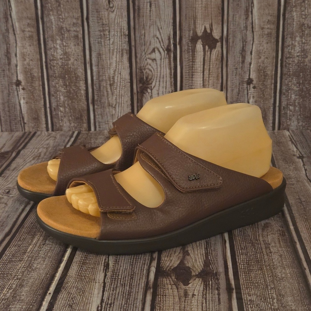 Sz 9 N Womens SAS Cozy Brown Leather Comfort Slide Sandals Narrow Worn 1X!